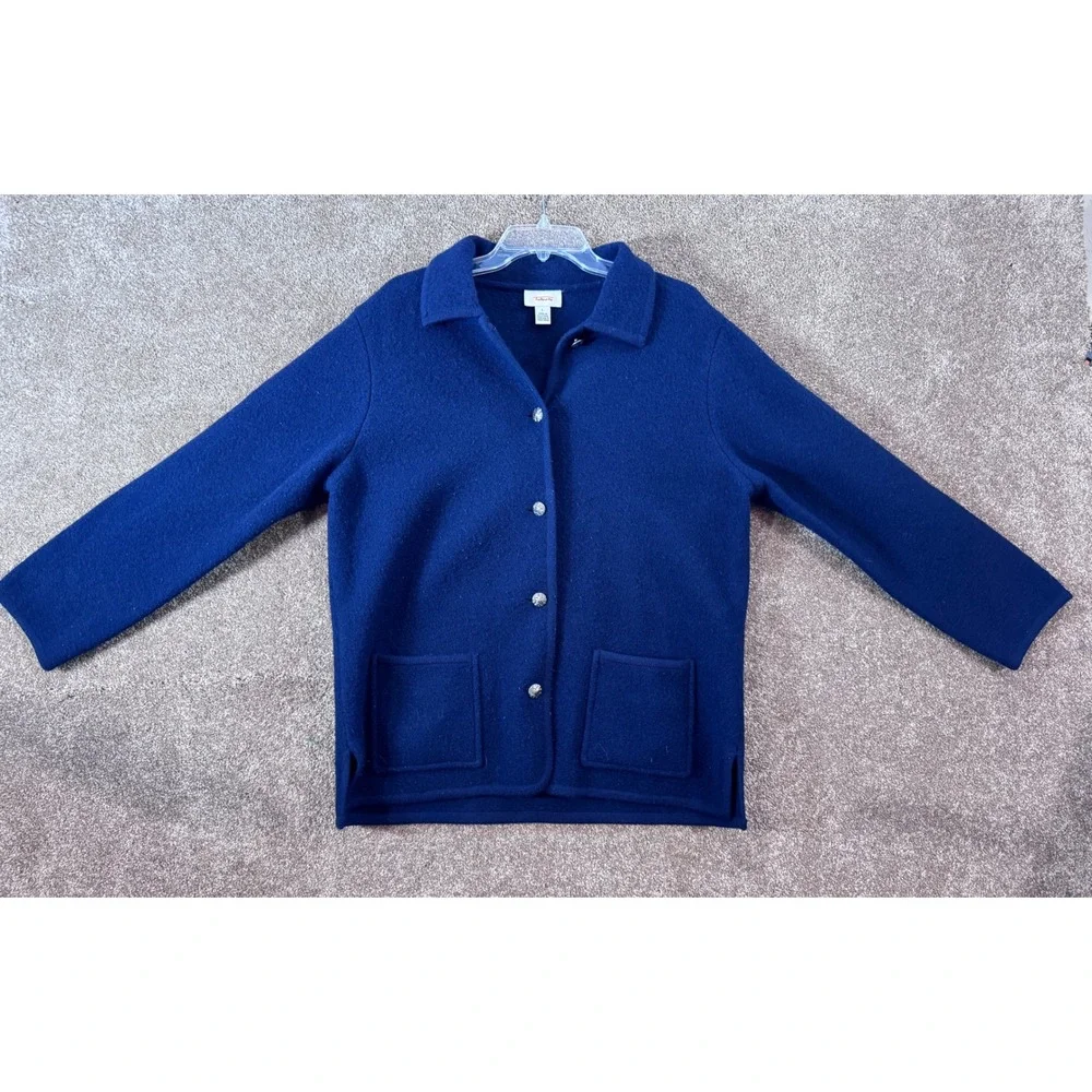 Talbots‎ Women Navy Blue Button Front Cardigan Sweater Large Collared Pockets